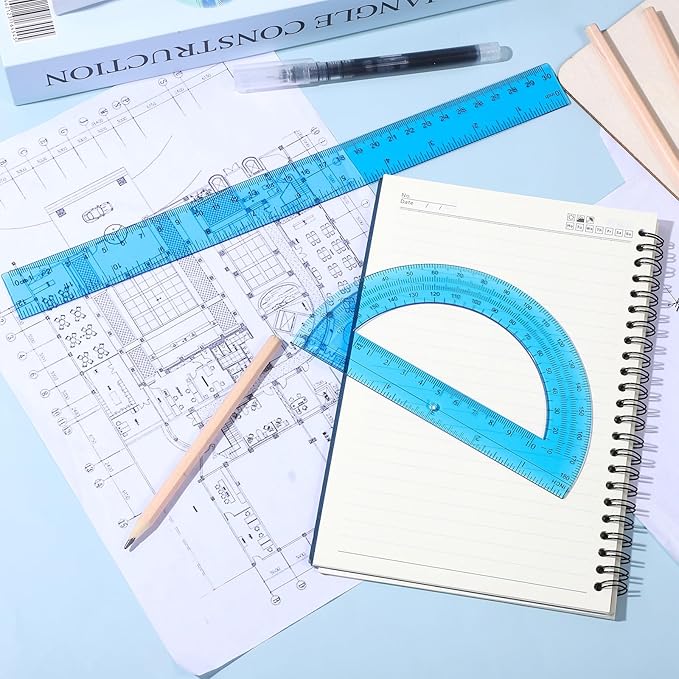 4 Pcs Ruler Protractor Set, Blue 12" Ruler and 6" Protractor 180 Degrees Angle Measurement Geometry Set with Inches Centimeters for Office School Classroom Home Drawing Supplies