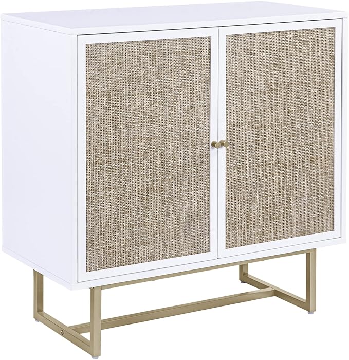 Nathan James Kova Rattan Wood Accent Natural Sideboard Storage Cabinet TV Stand with Matte Metal Frame, Adjustable Shelves and Cane Doors, for Hallway, or Living Room, White/Cane/Brass, Set of 3