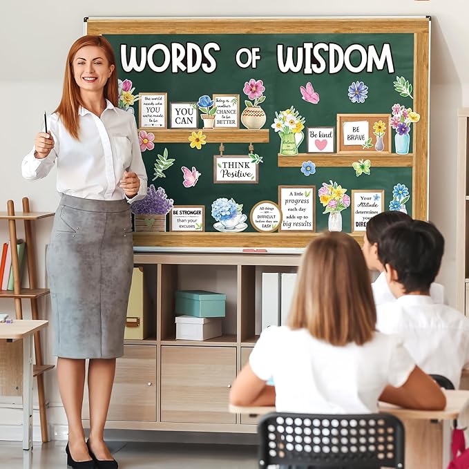 57 Pcs Spring Bulletin Board Set Inspirational Flower Bulletin Board Decoration Positive Cutout Classroom Decoration for School Office Home Teacher Classroom Wall Supplies