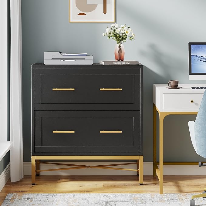 Tribesigns 2 Drawer File Cabinet, Modern Wood Lateral Filing Cabinet for Letter/Legal/A4 Size, Large File Storage Cabinets Printer Stand with Storage for Home Office, Black and Gold