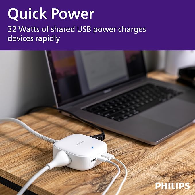 Philips Desktop Charging Station with 5ft. Braided Cord, Power Strip, Device Hub for Phone, Tablet, Laptop, 2 Outlets, 2 USB-A, 1 USB-C, White, DLP3553W/37