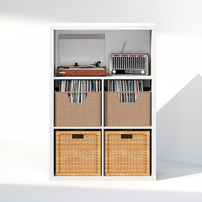 Furinno Cubicle Record Player Stand with Vinyl Storage, 5-Cube 1.2 Extra Thick Vinyl Record Storage, Open Back Media Shelf for CD DVD Blueray Game Disc, for Living Room, Home Office, White