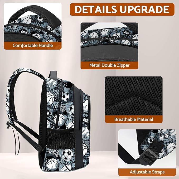 School Backpack for Boys - 4pcs Basketball Boys Backpack with Lunch Box Set for Kids Children Teens Elementary Middle School - 17″ Sport Bookbag Travel Back Pack for Age 6-18