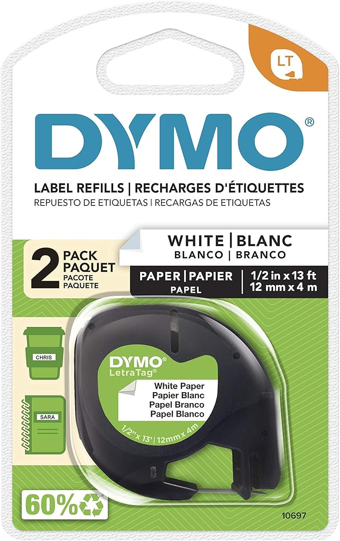DYMO(R) LT 10697 Black-On-White Tape, 0.5in. x 13ft., 10697