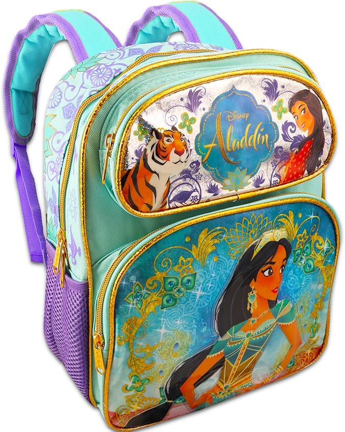 Disney Aladdin Backpack and Lunch Box Set for Kids - Bundle with 12" Princess Jasmine Mini Backpack, Jasmine Lunch Bag, Stickers, Water Bottle, More | Aladdin Mini Bag for Girls