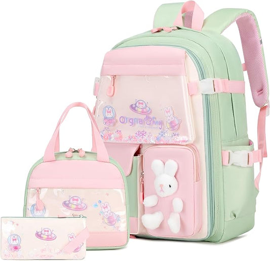Girls Backpack Set, 3PCS School Backpack for Girls, Kawaii Bunny Kids Backpacks for Girl Kindergarten Elementary School Preschool Travel Daycare Bookbag with Lunch Box Pencil Box Green