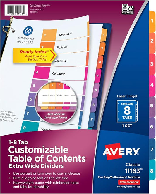 Avery Extra-Wide Dividers for 3 Ring Binders, 8 Tabs per Set, Customizable Table of Contents, Multicolor Tabs, Works Great with Sheet Protectors (11163)