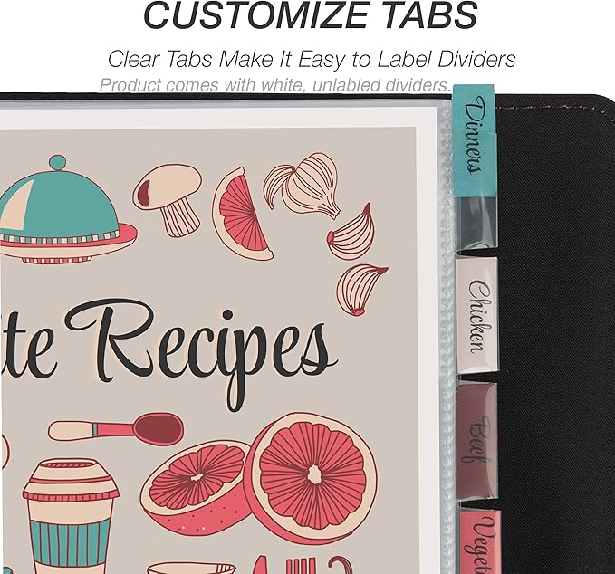 Samsill 8 Tab Recipe Dividers, Recipe Sleeves, Sheet Protector Dividers, with Tab Inserts, Clear, Super Heavyweight, Top Loading, 3 Hole Punched for Standard Letter Size Binders, Archival Safe