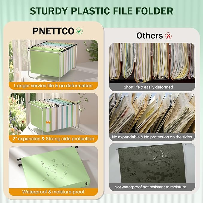12 Pack Hanging Folders Letter Size, 2" Pastel Hanging Files Folders, Plastic Hanging Folders for Filing Cabinet Home Office, Colored Filing Folder Hanging, Insertable 1/5-Cut Tabs