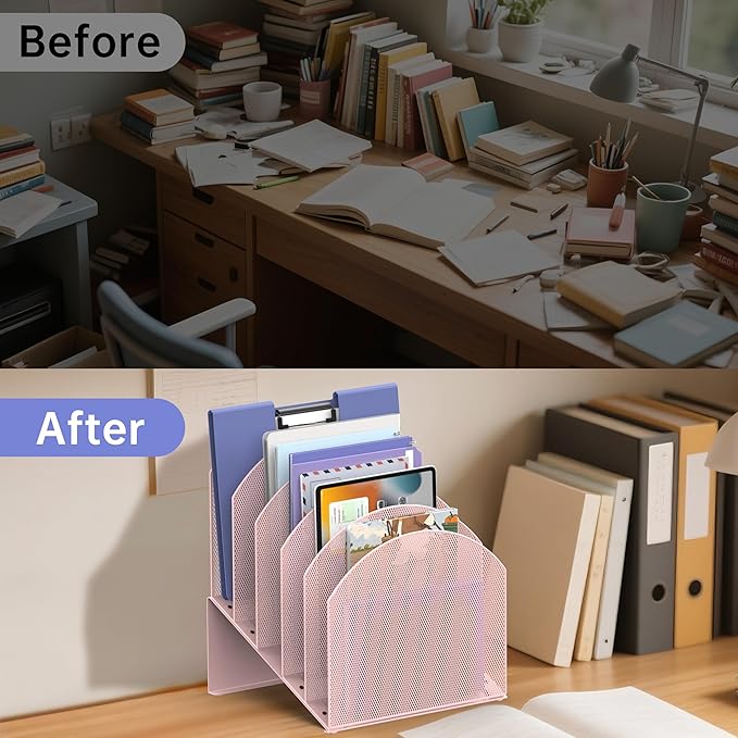 5-Section Desk File Organizer, Vertical File Organizer for Desk, Mesh Mail Holder for Letter Size Folders, Pink