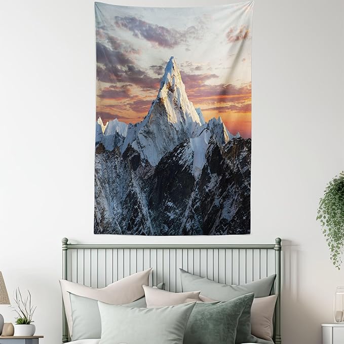 Ambesonne Mountain Tapestry Twin Size, Evening South High Hill Above the Sky Colorful Nepal Everest Photo, Wall Hanging Bedspread Bed Cover Wall Decor, 68" X 88", Bluegrey Salmon