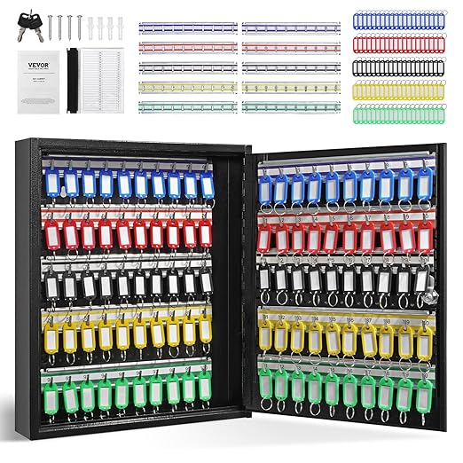 VEVOR 100-Key Cabinet, Key Lock Box with Adjustable Racks, Security Key Storage Box Steel, Key Organizer with 100 Colorful Key Tags and 2 Record Cards for School, Office, Hotel