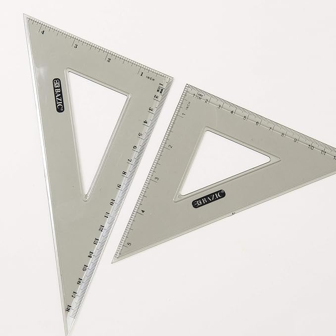 BAZIC Math Geometry Set 5 Pieces, Compass, Protractor, Ruler, 2 Triangle Rulers, Plastic Clear Measuring Sets for Students Professional, 1-Pack