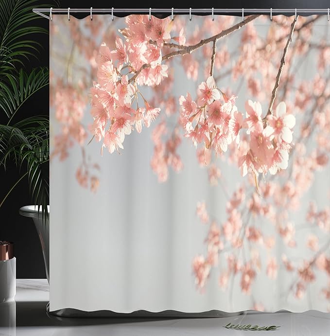 Ambesonne Peach Shower Curtain, Japanese Scenery Sakura Tree Cherry Blossom Nature Photography Coming of Spring, Cloth Fabric Bathroom Decor Set with Hooks, 69" W x 84" L, Bluegrey Coral