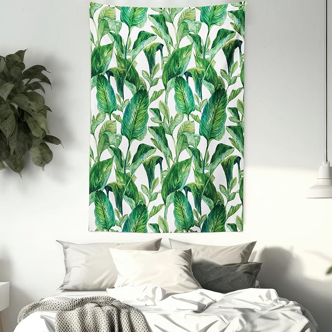 Ambesonne Leaf Tapestry, Romantic Holiday Island Hawaiian Banana Trees Watercolored Image, Fabric Wall Hanging Decor for Bedroom Living Room Dorm, 23" X 28", Forest Green