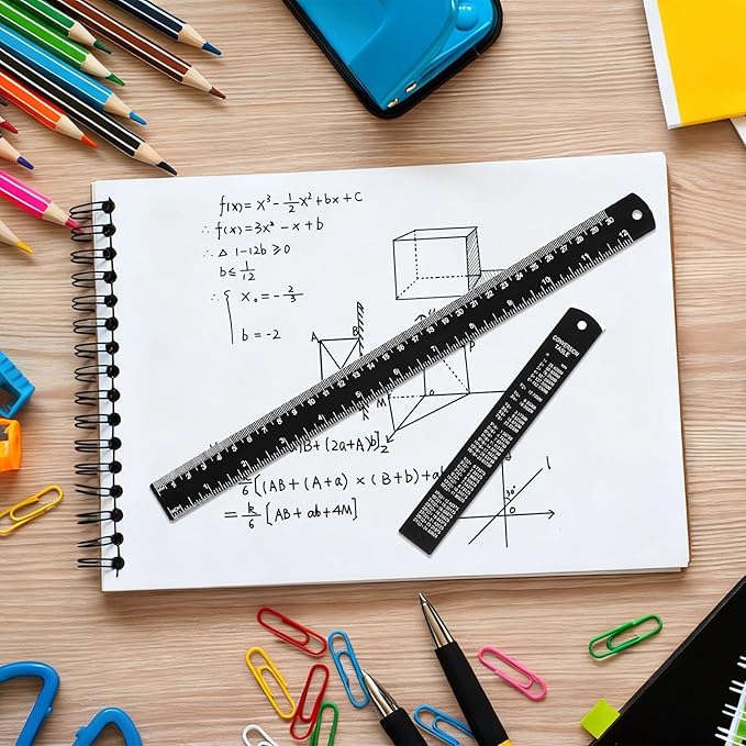 2 Pack Metal Ruler Set Dual Scale Metric Imperial Straight Edge Rule Edge-to-Edge Measuring Black Ruler with Centimeters Millimeters Inches for Home Office Drafting Geometry Crafting Drawing