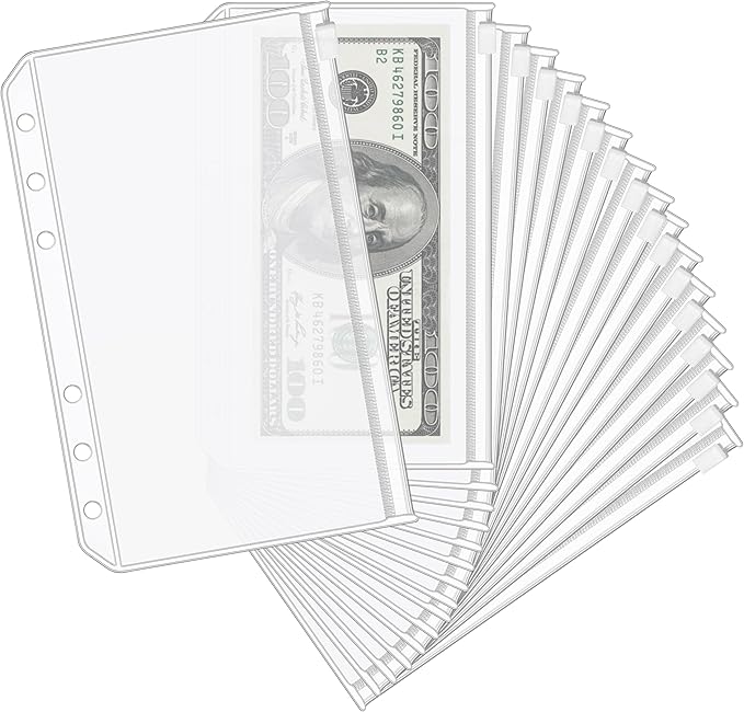 KTRIO 16PCS A6 Binder Pockets 6 Holes Cash Envelopes for Budgeting, Clear Zipper Pouch Folders A6 Planner Inserts, Waterproof PVC Loose Leaf Filing Bags Plastic Money Coupon Sticky Notes Organizer