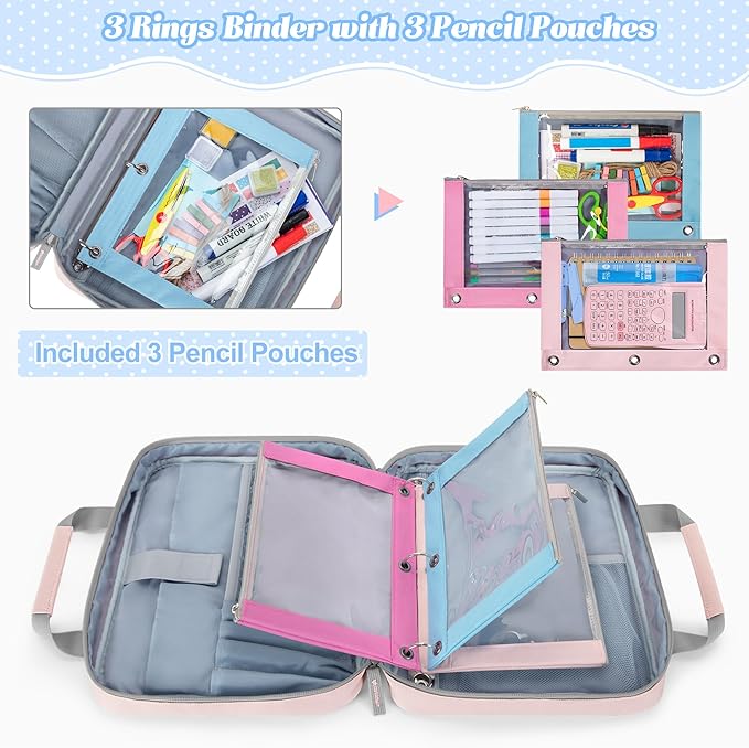 YARWO 2026 Upgraded Zipper Binder with 3 Pencil Pouches, Small File Organizer with Multi Pockets & Padded Sleeve Fits 13” iPad, Loose Leaf Paper, Name Card & Stationery for School, Office, Work, Pink