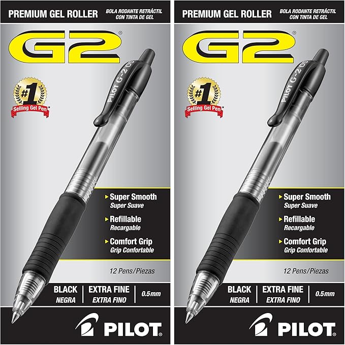 PILOT G2 Premium Gel Roller Pens,Extra Fine Point 0.5 mm,Gel Pens Black Ink,- Ideal for School,Journaling & Office Writing,12 Count (Pack of 2)