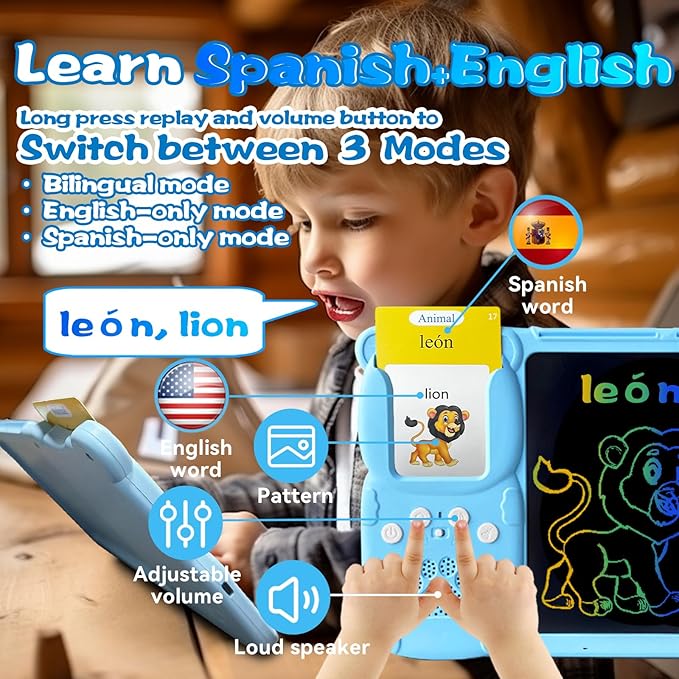 English Spanish Flash Cards for Kids 3-12 - Drawing Writing Tablet for Toddlers, Sensory Toys for Autistic Children, 510 Sight Words, Travel Activities for 4 Year Old Girl Boy (Blue)