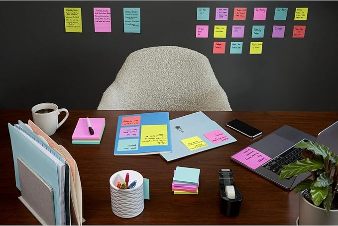 Post-it Super Sticky Notes, 3x3 in, 4 Pads, 2X The Sticking Power, Miami Collection, Neon Colors (Orange, Pink, Blue, Green), Recyclable(3321-SSAN-B)