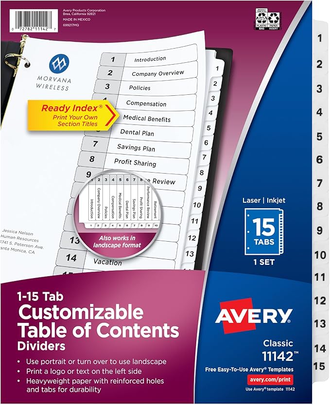 Avery Dividers for 3 Ring Binders, 15 Tabs per Set, Customizable Table of Contents, Classic White Tabs, Great for Organizing Reports, Projects, and More (11142)
