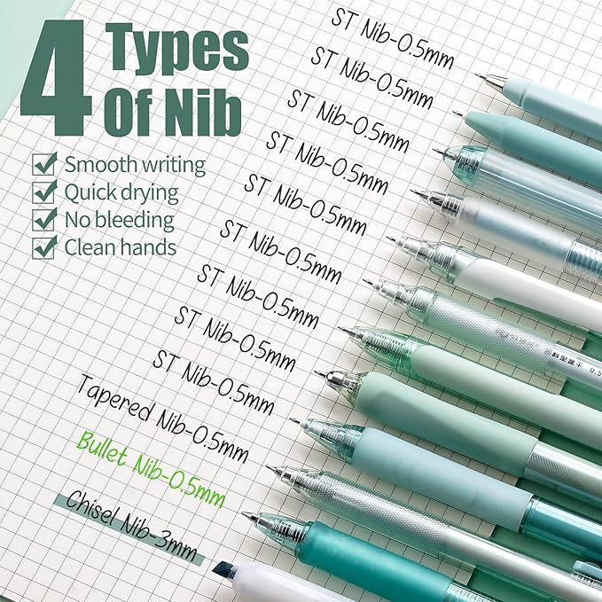 Four Candies Forest Series Gel Pens, Black & Green Ink Fine Point Smooth Writing Pens and Highlighter Set, Teal Office Supplies Back to School Stationery, Set of 12