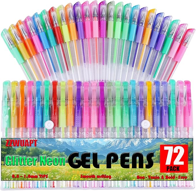 72 Pack Glitter Neon Gel Pens, 24 Glitter Neon Tone Gel Pens with 48 Refills,40% More Ink Colored Gel Pens for Adults Coloring Drawing Doodling Scrapbook Journaling
