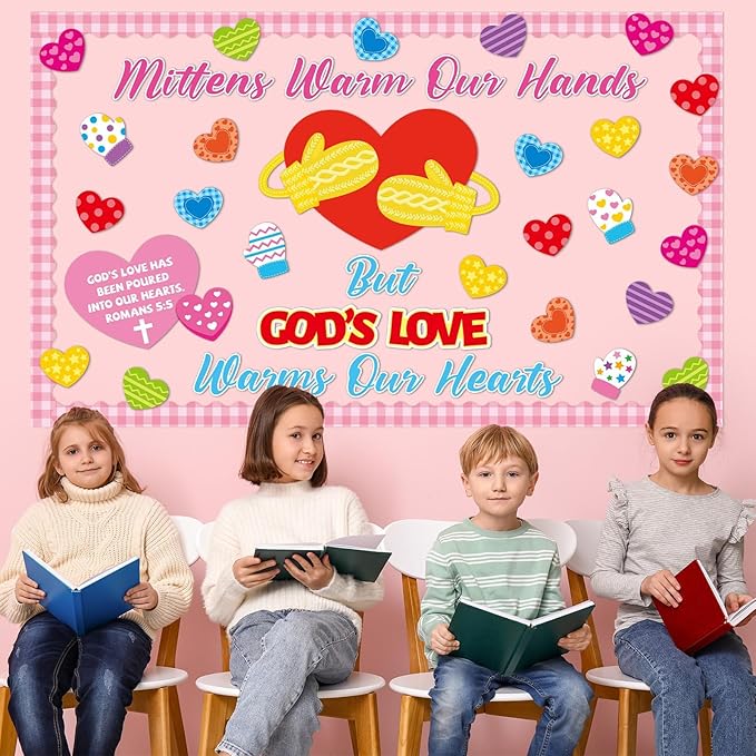 Valentine's Day Religious Bulletin Board Set God's Love Classroom Decorations Valentines Day Religious Bible Paper Cutouts Colorful Mittens Love Heart Bulletin Board for School Church Teacher Supplies