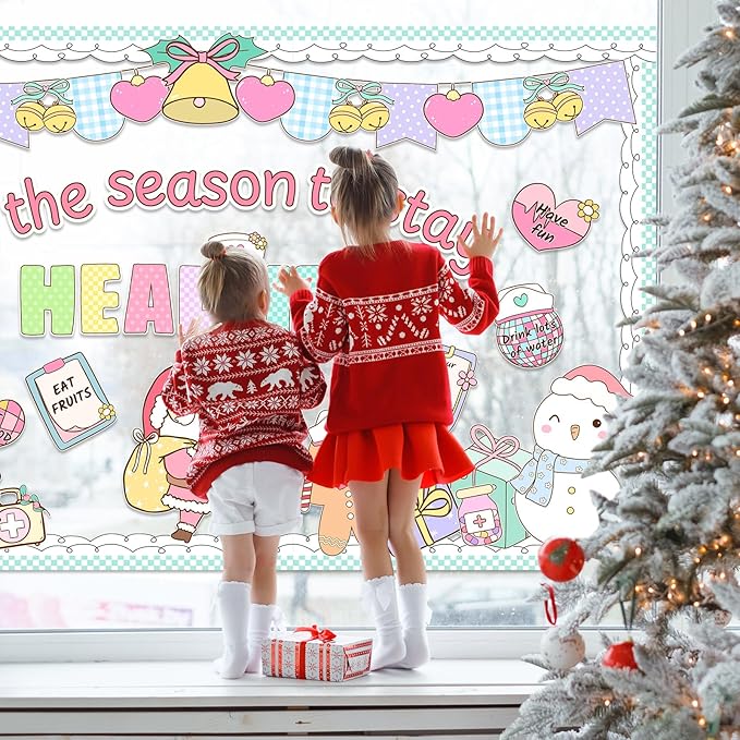 Christmas Health Bulletin Board Decorations Set Xmas Pastel Healthy Habits Poster Christmas Tree Snowman Santa Cutouts for Classroom School Home Chalkboard Wall Winter Holiday Party Decor Supplies