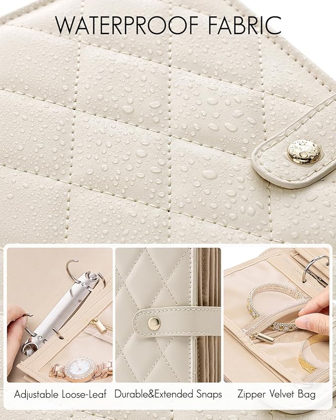 Vlando Travel Jewelry Organizer Case,Valentines Gift,Jewelry Storage Book Ring Binder with Clear Zipper Velvet Jewelry Pouches Bags for Rings,Necklace,Earrings-Cream White