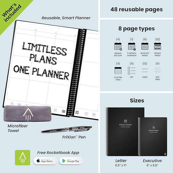 Rocketbook Smart Reusable Everyday Planner, Undated Weekly, Monthly, Annually, For Scheduling, Executive Size, 6x8.8, Gray