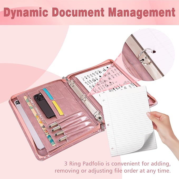 AZXCG Leather Padfolio for Women,Zippered Padfolio with 3 Ring Binder,Business Portfolio Organizer for Women with A4 Writing Pad Holder, Portfolio Binder for Meeting,Gift for Valentine's Day