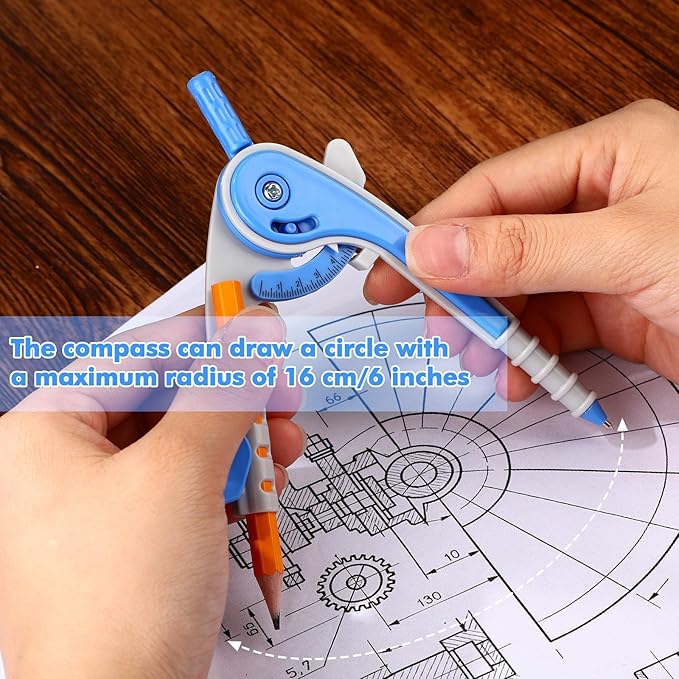 Zonon 1 Set Plastic Geometry Math Set 7 Pcs Includes 6'' / 4 '' Protractor, Drawing Compass, 45/60 Degree Triangle Rulers, 12'' / 6'' Math Ruler Transparent for Office Supplies(Blue)