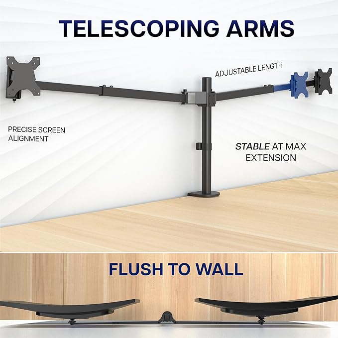 VIVO Premium Dual Ultra Wide LCD LED 40 to 45 inch Monitor Desk Mount, Heavy Duty, Adjustable Telescoping Arms, Flush Wall Setup, Fits 2 Screens, Black, STAND-TS45C