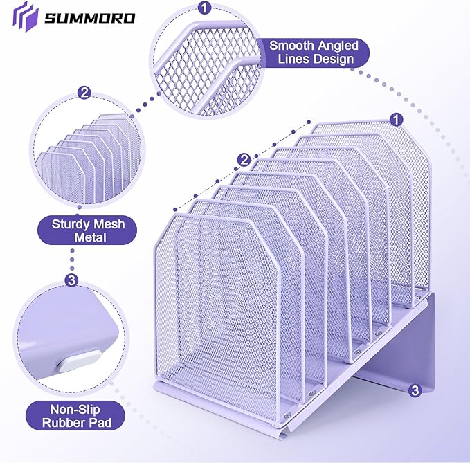Inclined File Organizer for Desk, 7-Tier Vertical File Folder Holder Office Desk Organizer Metal Rack File Wire Mesh Desktop Document Sorter for Office School Classroom Home (Purple)