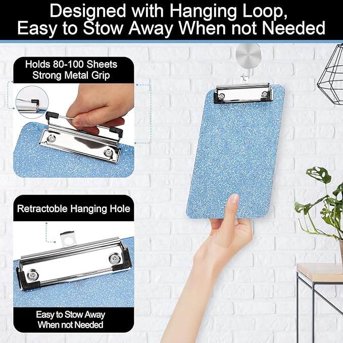 2 PCS A5 Size Clipboards,Size 6X 9inches,Glitter Clipboard with Low Profile Clip,Sparkle Plastic Clipboard,Cute Hanging Clip Boards for Office Supplies Clipboards Mini Clip Board