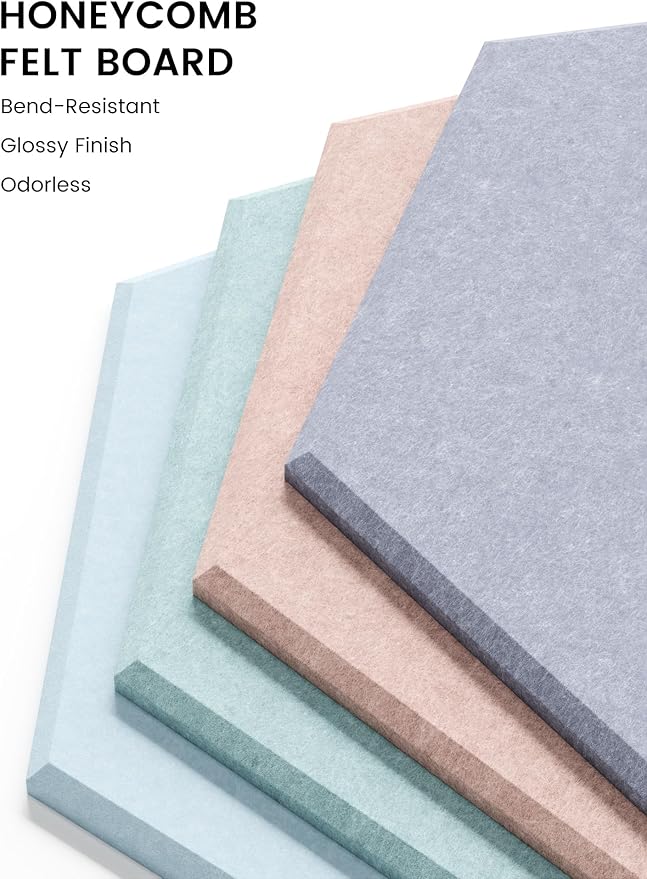 Fluxynara Hexagon Cork Board Alternative for Walls Decor-8-Pack Felt Bulletin Board Tiles,with 30 Pushpins,50 Adhesive Tabs for Office& Home Pin Board Felt Board-Coastal Haze