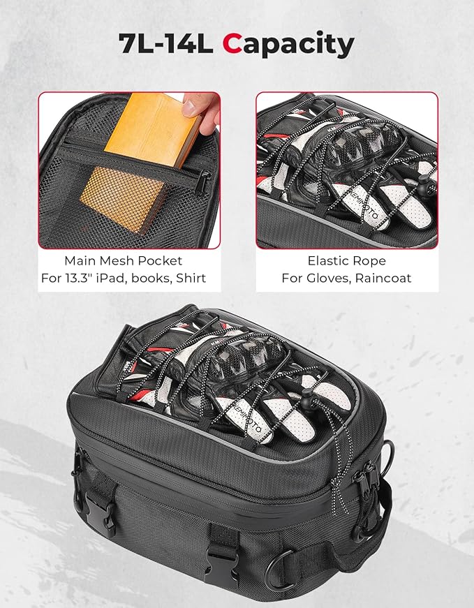 KEMIMOTO Motorcycle Tail Bag, Dual Use Motorcycle Rear Seat Bag with Waterproof Rain Cover, 7-14L Expandable Motorbike Small Bag Luggage Storage Backpack with 6 straps & 1 shoulder strap