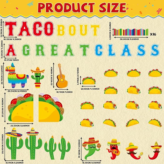 Back to School Bulletin Board Set Taco Bout a Great Class Classroom Decoration Mexican Fiesta De Mayo Themed Name Tag Cutouts for School Nursery Chalkboard Wall Door Decor Party Supplies