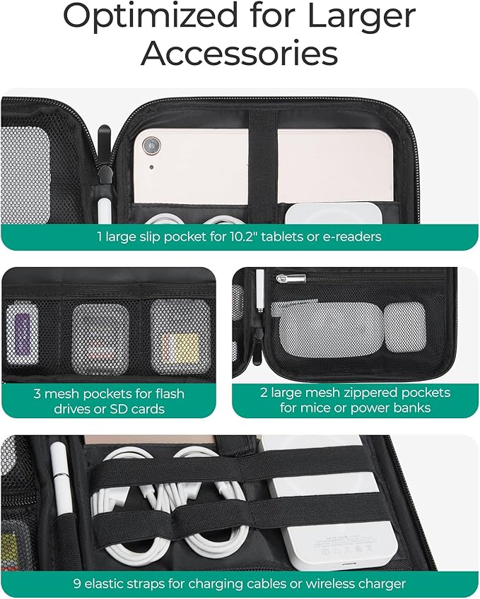 BAGSMART Electronics Travel Organizer Case for 10.2 Inch Tablets, Tech Pouch Essentials for Power Bank, SD Cards, Cord and Cable Storage Bag, Grey