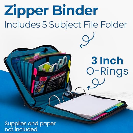 Case-it Mighty Zip Tab School Zipper Binder | 3-Inch O-Rings, 600-Sheet Capacity, 5-Subject Expanding File Folder, Multiple Pockets & Storage Organizer, Shoulder Strap | D-146 Wave
