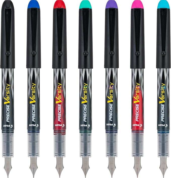 PILOT Pen 90029 Precise Varsity Pre-Filled Fountain Pens,Medium Point Stainless Steel Nib,Black/Blue/Red/Pink/Green/Purple/Turquoise,Pouch,7 Count (Pack of 2)