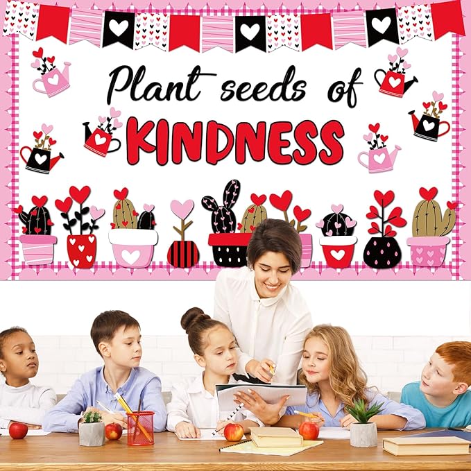 Valentine's Day Bulletin Board Set Plant Kindness Valentines Classroom Decorations Positive Motivational Potted Plant Love Heart Paper Cutouts for Party School Home Chalkboard Wall Decor Supplies