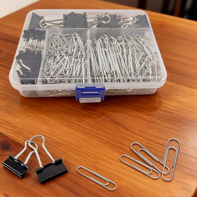 Binder and Paper Clips Set, 340 pcs Assorted Sizes in Container With Compartments - Silver Paper and Black Binder Clips for Home, School, Office Supplies