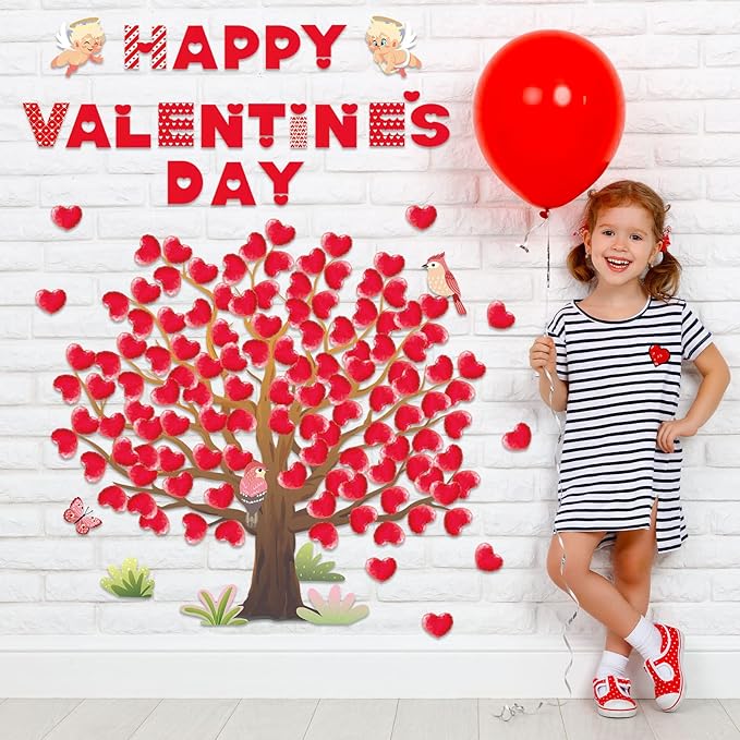 Pajean Valentines Bulletin Board Decorations Valentine Day Tree Bulletin Board Set Heart Bird Angel Classroom Tree Stickers Heart Wall Background Banner Door Decor (Cute Style)