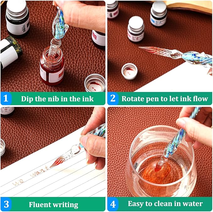Zonon Glass Dipped Pen Ink Set 14 Pcs Include 6 Pcs Glass Dip Pen, 6 Colorful India Ink and 2 Holder Crystal Signature Calligraphy for Art, Writing, Gift(Blue Color System)