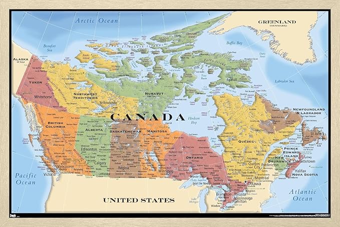 Map - Canada Wall Poster, 34L" x 22.4W", Blonde Framed Version