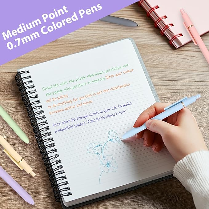FIOVER Colorful Gel Pens - 12Pcs 0.7mm Multi-Colored Pens, Smooth Writing Coloring Journaling Supplies for Note Taking, Cute Aesthetic Office School Supplies (12PCS Colorful Ink)