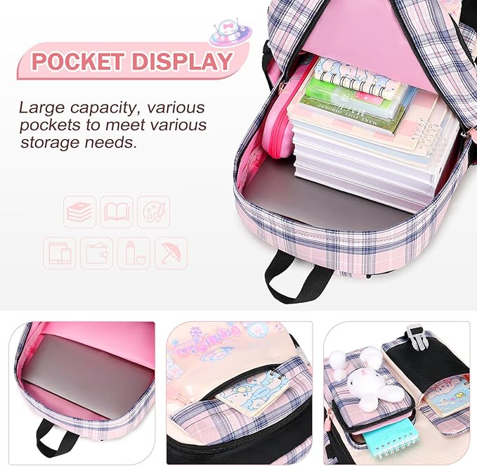 Girls Backpack Set, 3PCS Kids Backpacks for Girl, Kawaii Bunny School Backpack for Girls Kindergarten Elementary Preschool Middle School Bags with Lunch Box Pencil Case Blackpink-Plaid